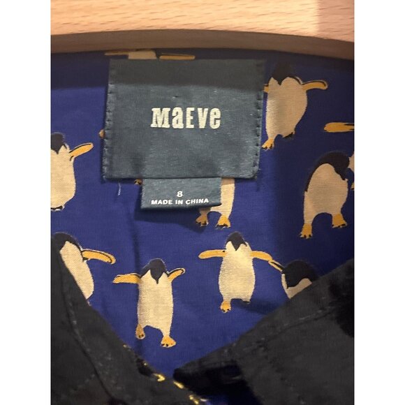 Maeve Penguin Print Button-Up Blouse Size 8 Blue & Beige With Black Accents - Picture 3 of 8